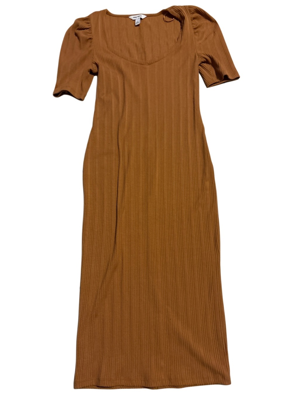 Nine West Camel Ribbed Puff-Sleeve Midi Dress